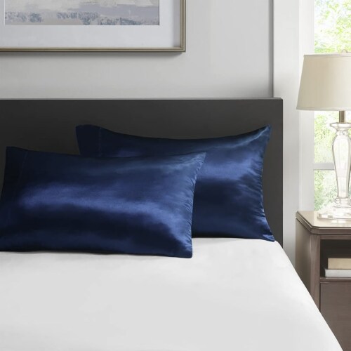 Madison Park Essentials Polyester Solid Satin Pillow Case with Navy MPE21 921 20x30 Harris Teeter