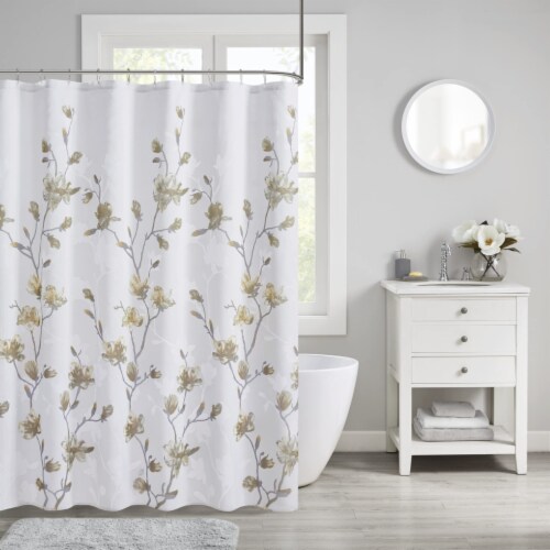 Madison Park Modern Floral Printed Burnout Shower Curtain with Yellow MP70-7482 Perspective: front