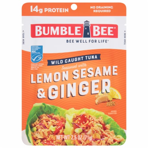 Bumble Bee® Lemon Sesame & Ginger Seasoned Tuna Pouch With Spork Perspective: front