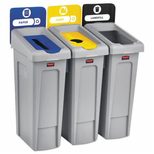 Rubbermaid Commercial Slim Jim Recycling Station - Black, Blue, Yellow - 1 Each Perspective: front