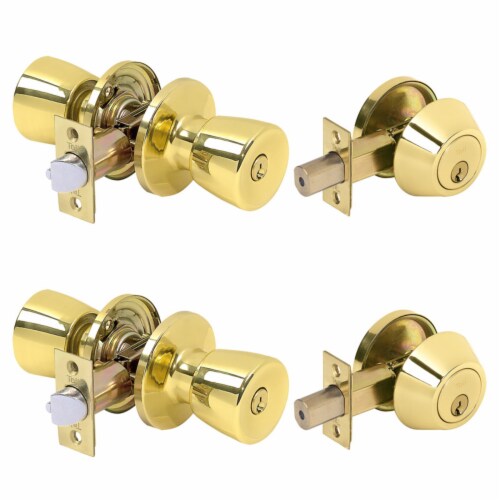 Tell Double Pack Bright Brass Deadbolt and Entry Door Knob ANSI