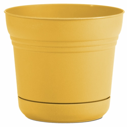 Bloem 7004692 12 in. Dia. Polyresin Saturn Planter, Yellow Perspective: front