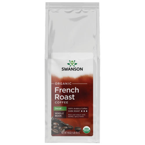 Swanson Organic French Roast Decaf Whole Bean Coffee - Dark Roast 16 oz Package Perspective: front