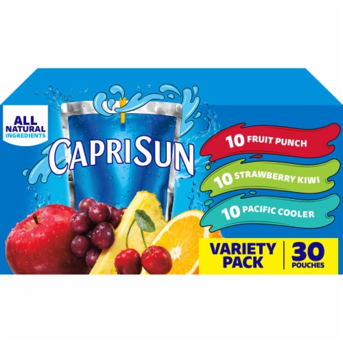Capri Sun Variety Pack with Fruit Punch Strawberry Kiwi & Pacific Cooler Juice Box Pouches Perspective: front
