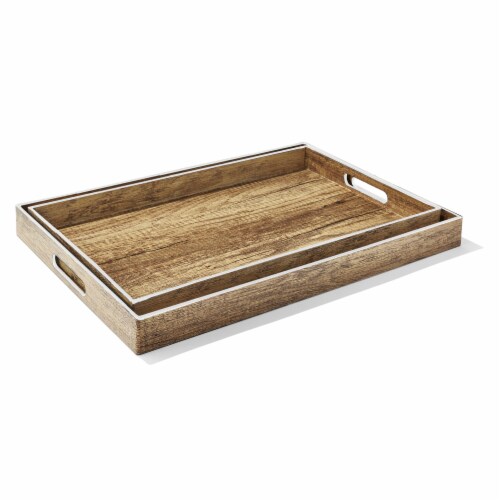 Poplar Finished Set Of 2 Rectangular Serveware Trays With White Rim