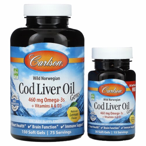 Carlson Wild Norwegian Cod Liver Oil Gems Lemon - 150 + 30 Soft Gels Perspective: front