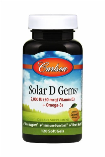 Carlson Solar D Gems Vitamin D3 Plus Omega-3s Natural Lemon Flavor Soft Gels Perspective: front