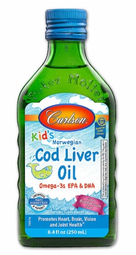 Carlson Kid's Norwegian Cod Liver Oil Bubble Gum Flavor Liquid Perspective: front