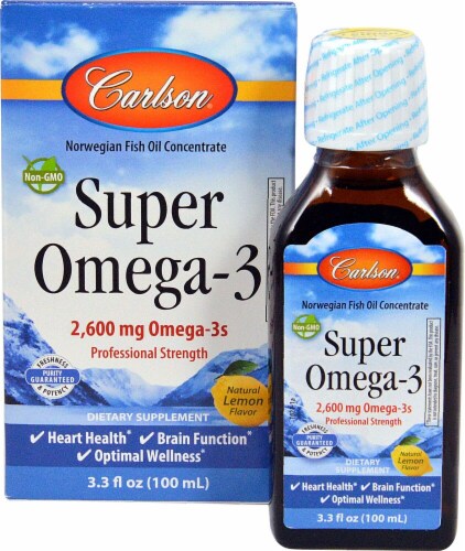 Carlson Super Omega-3 Lemon Flavor Fish Oil Concentrate 2600mg Perspective: front
