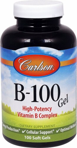 Carlson B-100 Gel Vitamin B-Complex Soft Gels Perspective: front