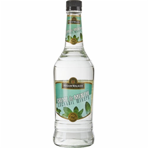 Hiram Walker White Mint Creme de Menthe Liqueur Perspective: front