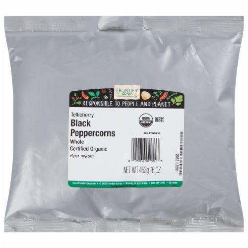 Frontier Herb Peppercorns Organic Whole Black Tellicherry Grade Perspective: front