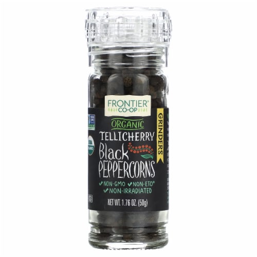 Frontier Gourmet Black Peppercorns, Tellicherry CERTIFIED ORGANIC 1.76 oz Grinder Bottle (a) Perspective: front
