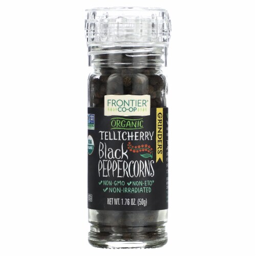 Frontier Gourmet Black Peppercorns, Tellicherry CERTIFIED ORGANIC 1.76 oz Grinder Bottle (a) Perspective: front