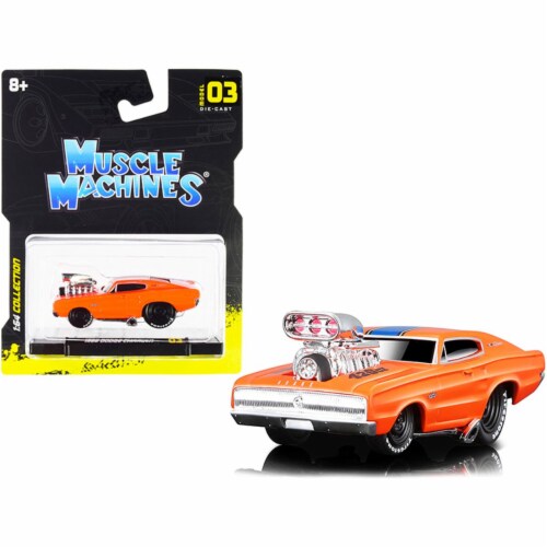 Muscle Machines 15542or 1966 Dodge Charger 426 C.I. Orange with Blue Stripe 1-64 Scale Diecas Perspective: front