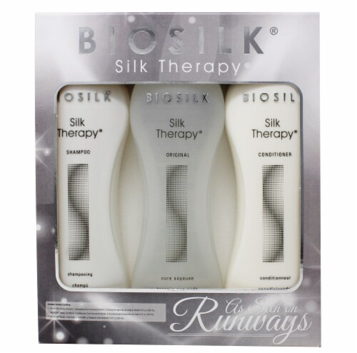 Biosilk Silk Therapy Shampoo Conditioner and Treatment Hair Kit Perspective: front