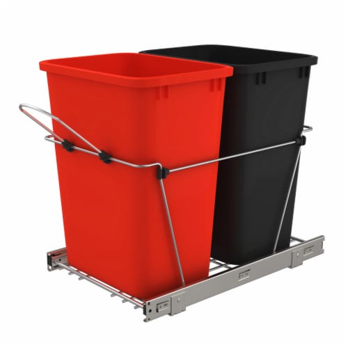 Rev-A-Shelf Double Pull Out Trash Can 35 Qt for Kitchen, RedBlk