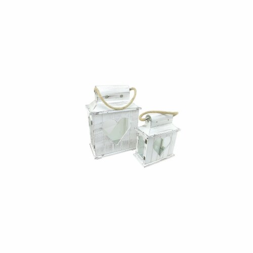 NorthLight Heart Shaped & White Washed Wooden Decorative Candle Holder Lanterns, Set of 2 Perspective: front