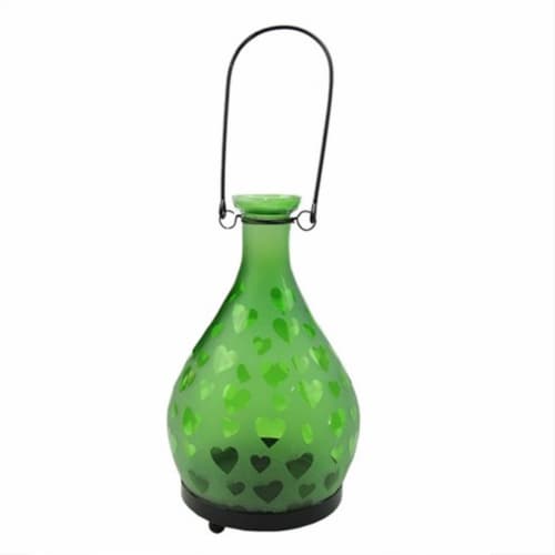 NorthLight 8.75 in. Frosted Green Hearts Glass Bottle Tea Light Candle Lantern Perspective: front