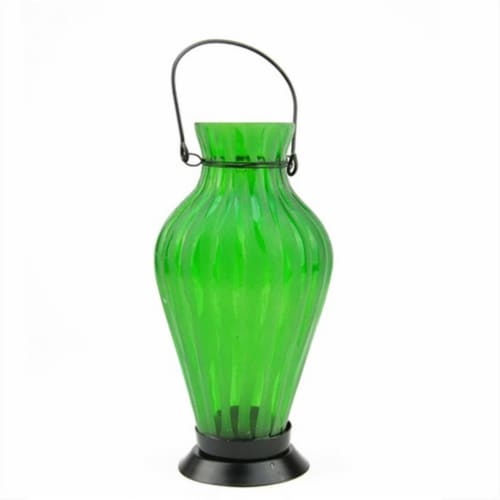 NorthLight 9.5 in. Frosted Green Ribbed Vase Glass Bottle Tea Light Candle Lantern Decoration Perspective: front