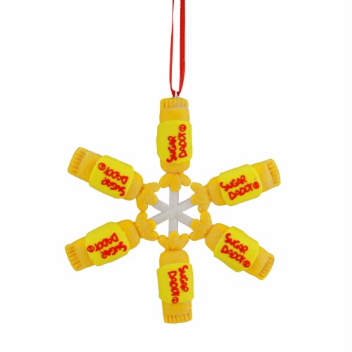 Northlight 4 Yellow and Red Tootsie Roll Sugar Daddy Lollipop Snowflake Christmas Ornament Perspective: front