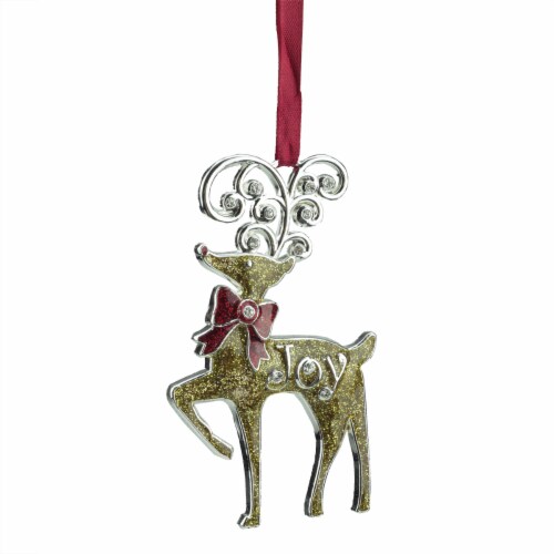 Northlight 3.75 Gold and Red European Glitter Joy Reindeer Christmas Ornament Perspective: front