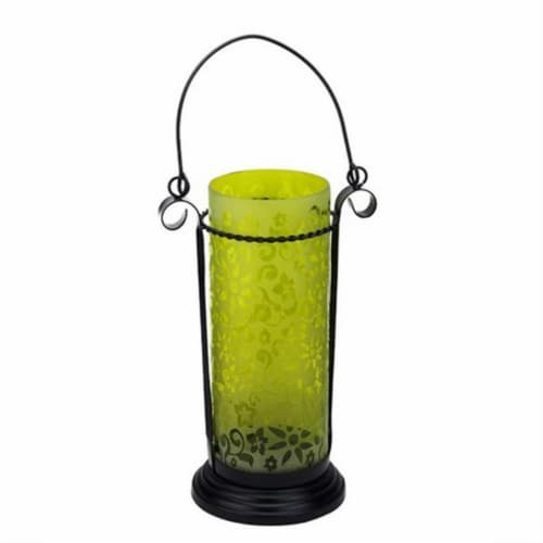 NorthLight 11.5 in. Yellow Glass Hurricane Tea Light Candle Holder Lantern with Flower Etchin Perspective: front