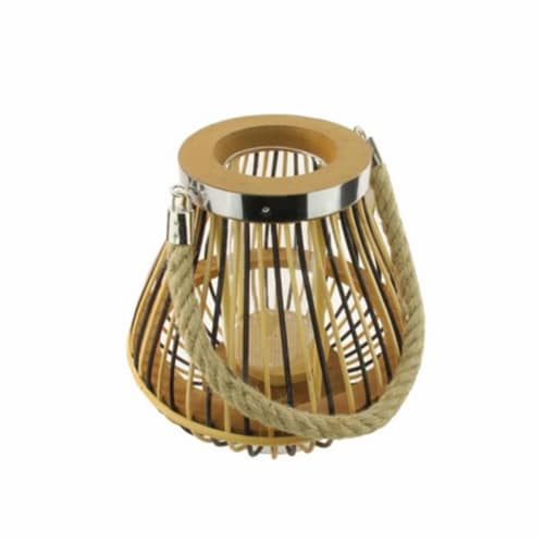 NorthLight 9.25 in. Rustic Chic Pear Shaped Rattan Candle Holder Lantern with Jute Handle Perspective: front