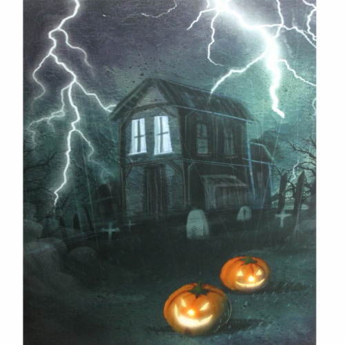 Northlight Black and Orange LED Lighted Halloween Haunted House with Jack-O'-Lanterns Wall Perspective: front