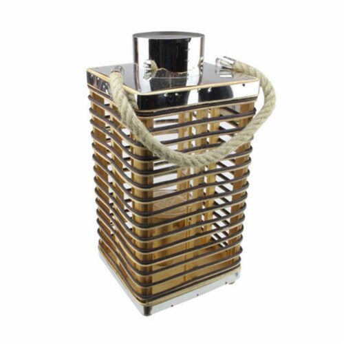 NorthLight 15.5 in. Rustic Chic Rectangular Rattan Candle Holder Lantern with Jute Handle Perspective: front