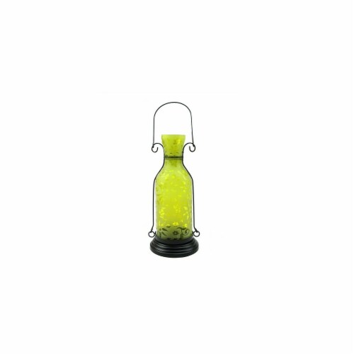 NorthLight 12 in. Transparent Yellow Decorative Glass Bottle Tea Light Candle Lantern with Fl Perspective: front