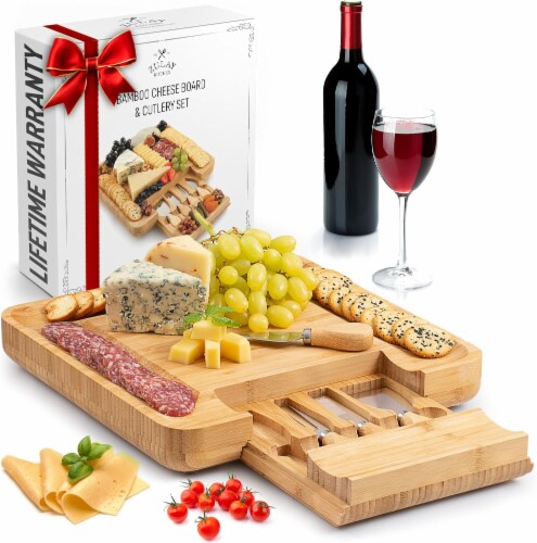 Zulay Kitchen Bamboo Cheese Board and Knife Set Perspective: front