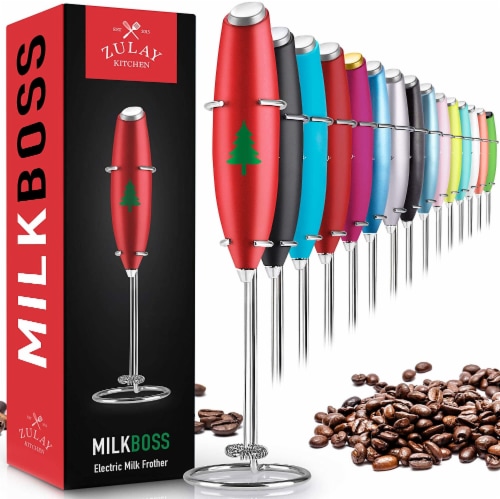 Zulay Kitchen Milk Frother With Stand (Christmas Edition) Christmas Red Perspective: front