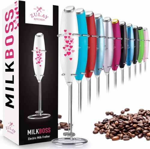 Zulay Kitchen MILK BOSS Milk Frother With Stand - Hearts Perspective: front