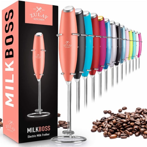 Zulay Kitchen MILK BOSS Milk Frother With Stand - Deluxe Orange Perspective: front