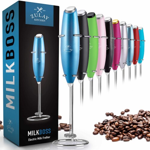 Zulay Kitchen MILK BOSS Milk Frother With Stand - Blue Metallic Perspective: front
