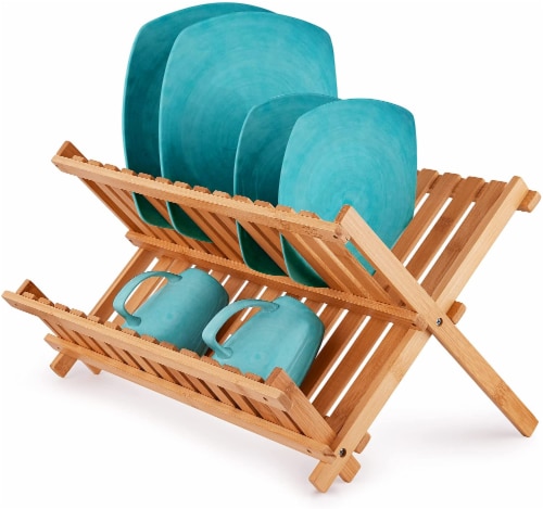 Zulay Kitchen Foldable Bamboo Dish Drying Rack - 2-Tier Perspective: front