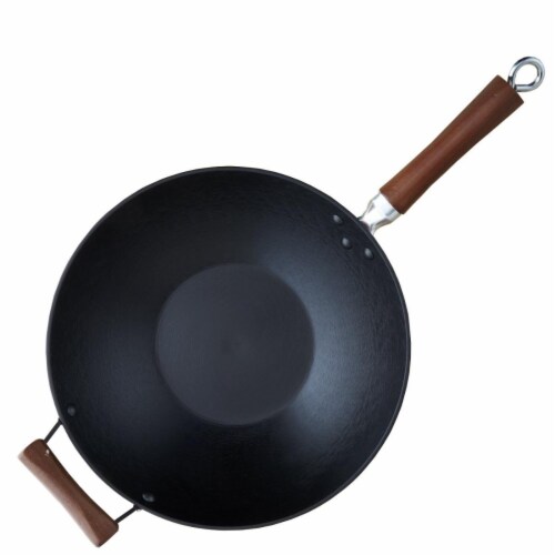 Nutrichef Pre Seasoned Wok Cast Iron Stir Fry Pan w/ Reversible Grill Plate Pan