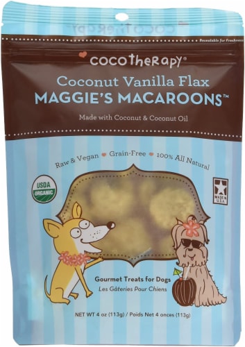 CocoTherapy Maggie's Macaroons Gourmet Treats for Dogs, Coconut Vanilla, 4oz Perspective: front