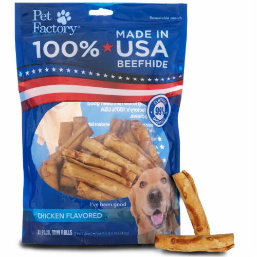 Pet Factory Made in USA Beefhide Mini Rolls Chicken Flavored - 3-3.5", 35 Count Perspective: front