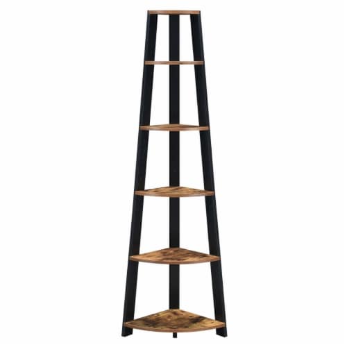 Newport Five-Tier Corner Bookshelf in Nutmeg Wood Finish with Black Wood Frame Perspective: front