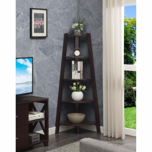 Newport 5 Tier Wide Corner Bookcase Espresso Perspective: front