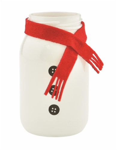 White Snowman Button & Scarf Mason Jar Vase Perspective: front