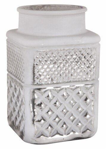 Round Top White & Silver Mercury Glass Embossed Square Vase Perspective: front