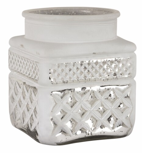 Round Top White & Silver Mercury Glass Embossed Square Vase Perspective: front