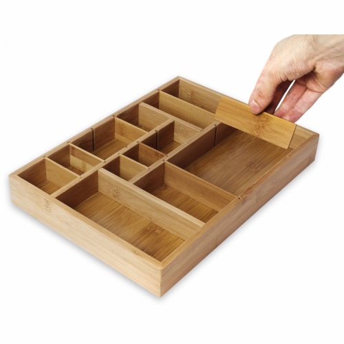 Kitchen Drawer Bamboo Organizer with Removable Dividers for Cutlery 14 x 10 x 2" Perspective: front