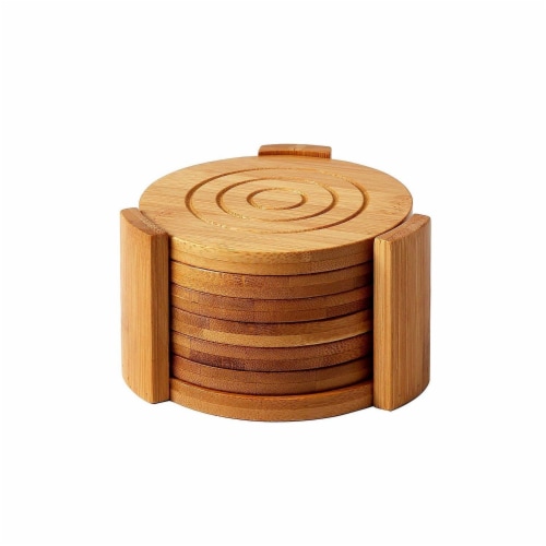 Juvale 6-Pack Round Bamboo Coasters Set with Holder -  Tan, 4.3 Inches Perspective: front