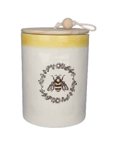 Ceramic Bee Canister with Wood Lid Perspective: front