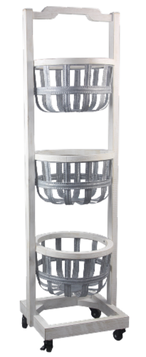 Wood Framed Tin Triple Verticle Basket on Wheels Perspective: front