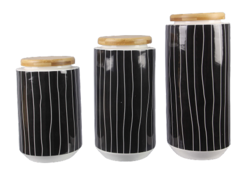 Stoneware Black and White 3PC. Cannister Set w/Bamboo Lid Perspective: front